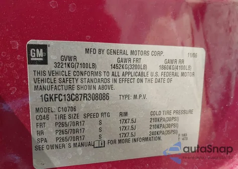 2007 GMC Yukon Sle z USA, uszkodzony, nr VIN 1GKFC13C87R308086